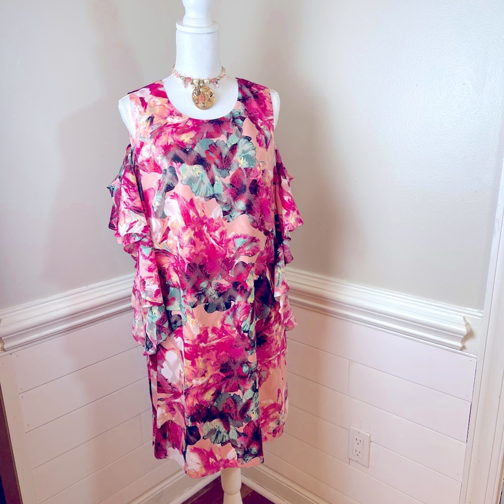 Tahari Floral Print Ruffled Cold Shoulder Dress 14 FREE SHIP